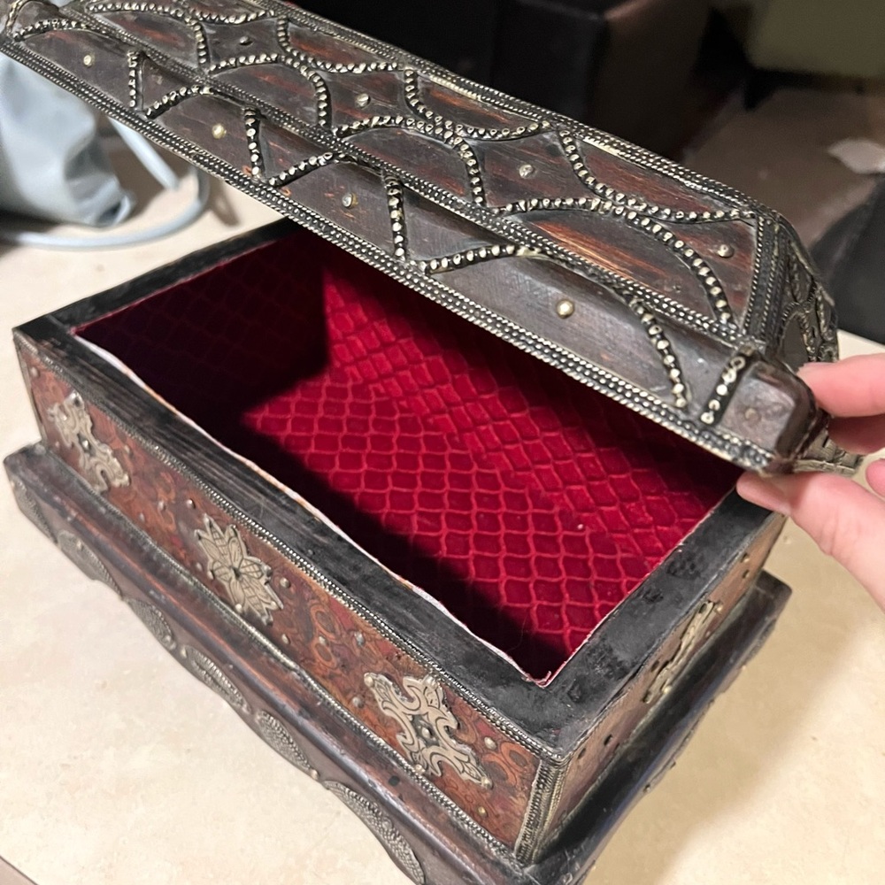 Ornate Moroccan Wooden and Leather Jewelry Box with Silver and Stone Accents - Picture 6 of 16